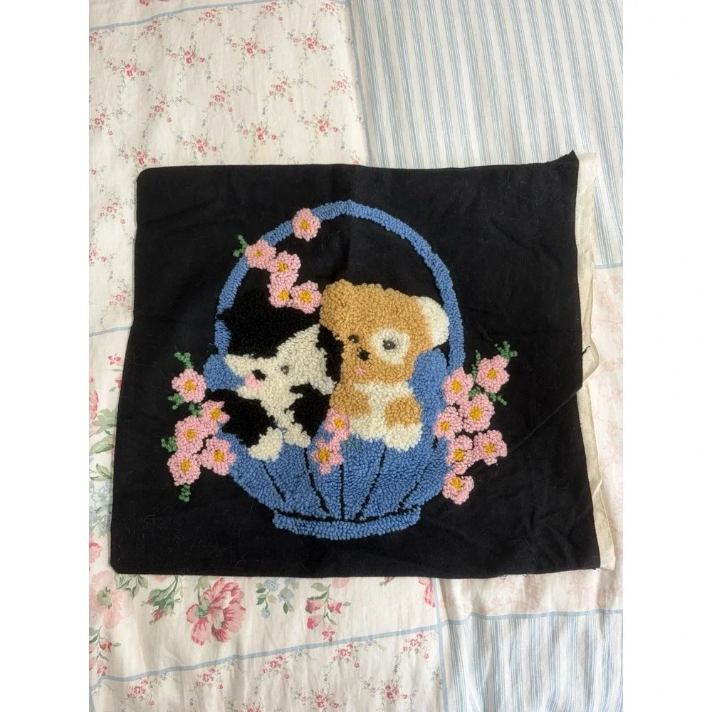 VTG Punchwork Punch Needle Needlework Dogs in Basket Pillow Cover Hand Hooked